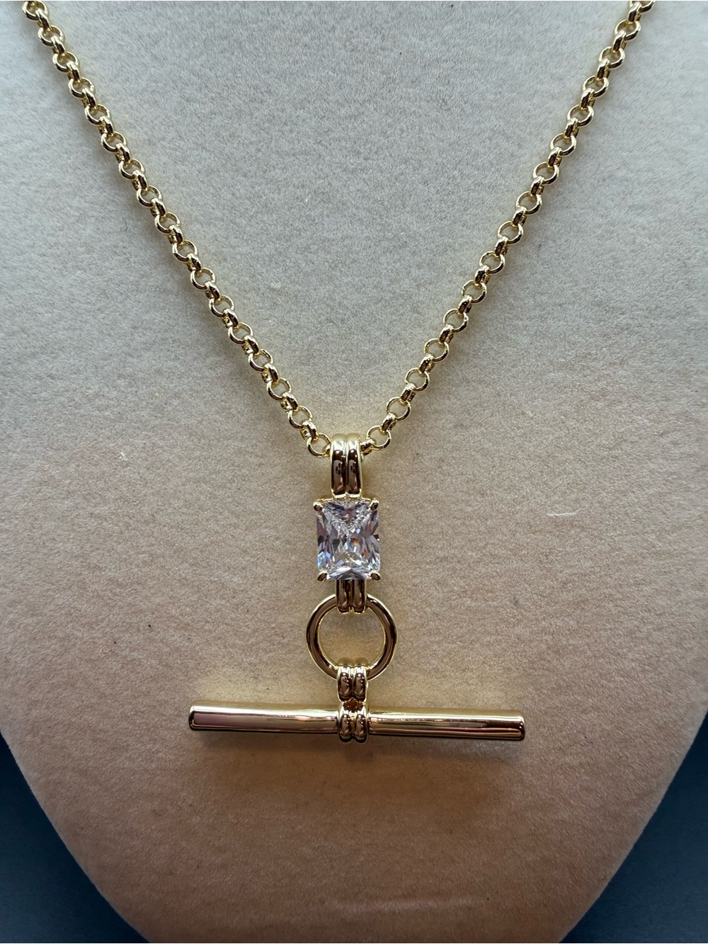 Gold Toggle Necklace with Clear Square Crystal Accent